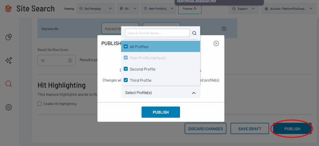 Publish dialog showing profile selection options including All Profiles, Main Profile, Second Profile, and Third Profile with checkboxes.