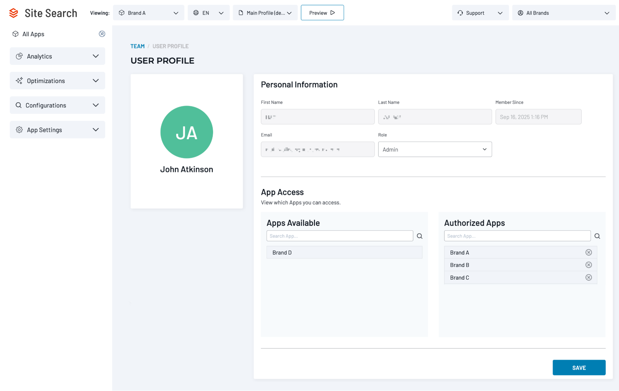 User Profile showing App Access section with Apps Available and Authorized Apps lists