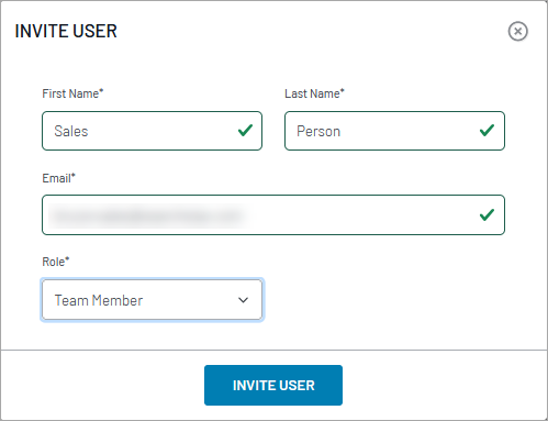 Invite User dialog with form fields for first name, last name, email, and role selection.