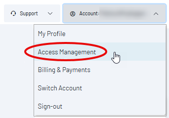 Account menu dropdown with Access Management option highlighted.