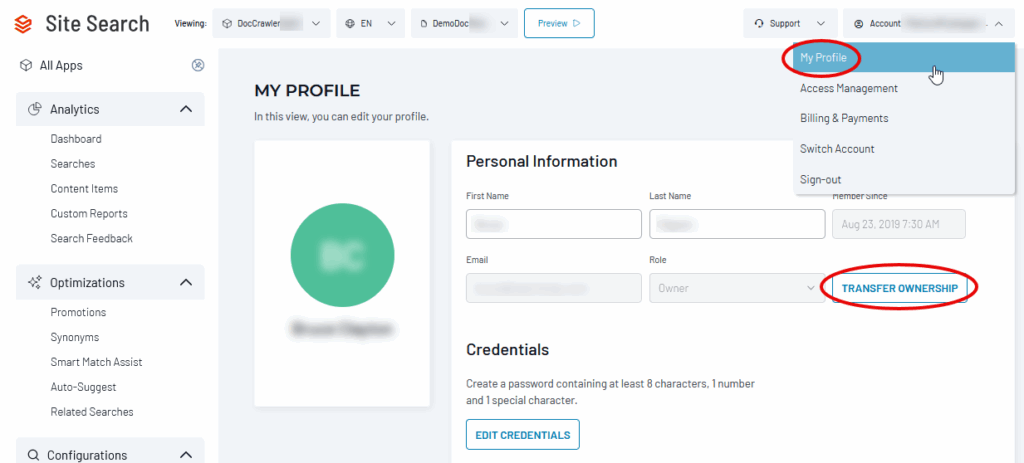 My Profile page with Personal Information section and Transfer Ownership option highlighted in the Role dropdown menu.