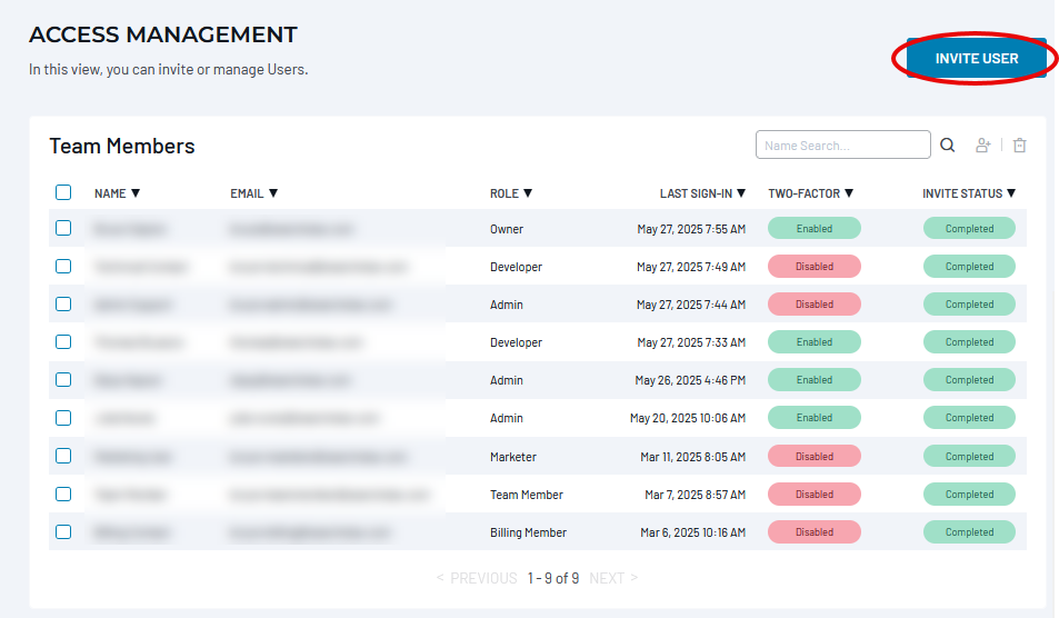 Team members table with columns for name, email, role, and invite status.