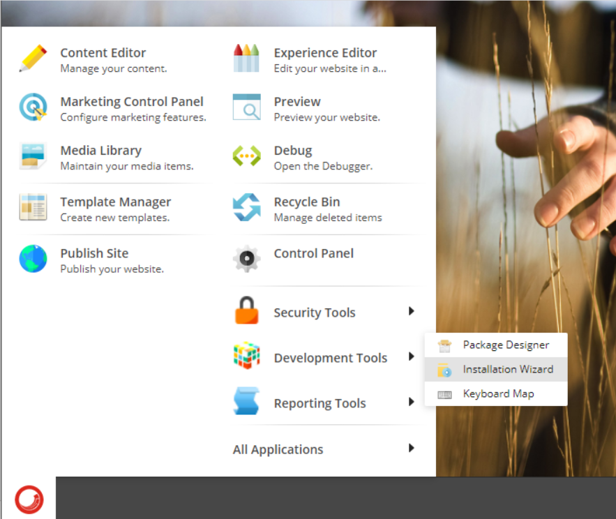 Administrative dashboard showing Sitecore's main navigation menu with options for content editing, experience management, marketing controls, and develo...