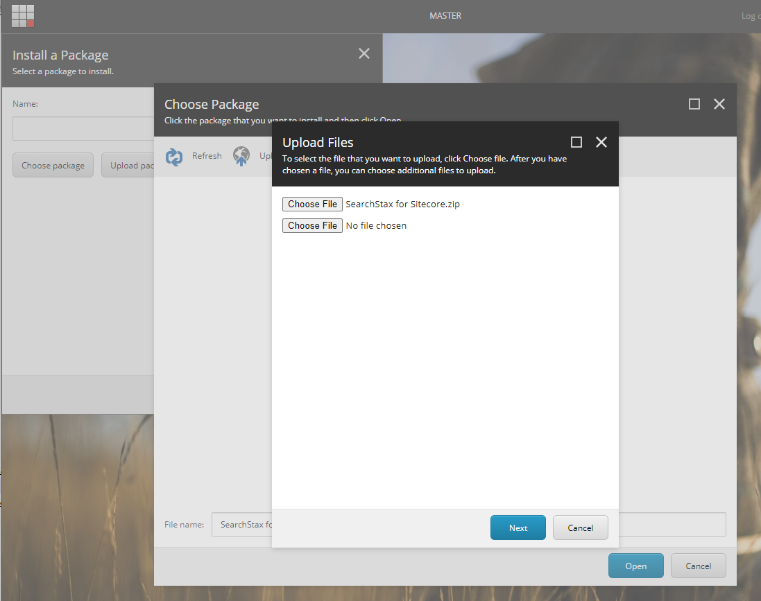 Nested installation dialogs showing package selection and file upload interfaces for SearchStax Sitecore integration.