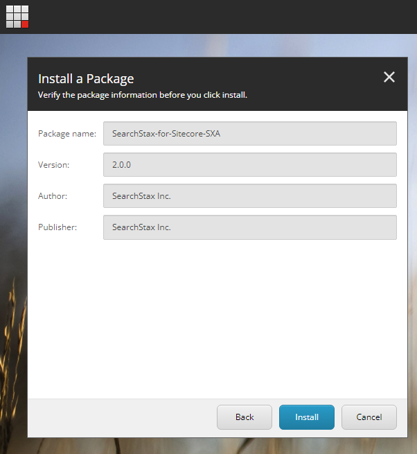 Package installation dialog showing SearchStax-for-Sitecore-SXA version 2.0.0 details with Install, Back and Cancel options.