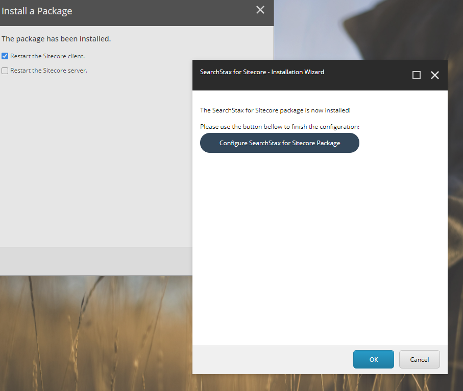 Installation confirmation dialog showing successful SearchStax for Sitecore package installation with options to restart client and server.