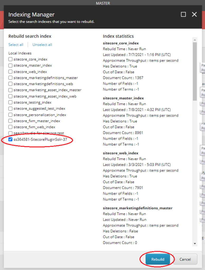 Indexing Manager dialog showing the ss364581-SitecorePluginSearch-37 index selected and the Rebuild button highlighted.