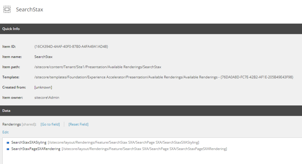 Quick info panel showing SearchStax item details including ID, path, template, and available renderings configuration settings.