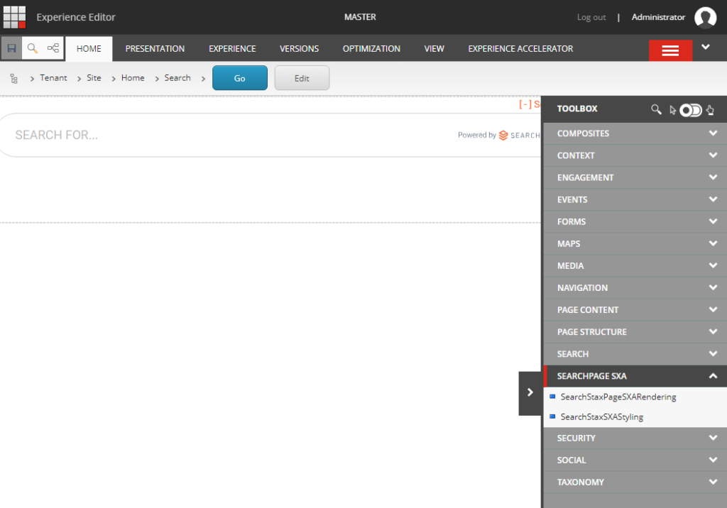 Experience Editor interface showing the toolbox with SearchPage SXA components expanded in the right sidebar.