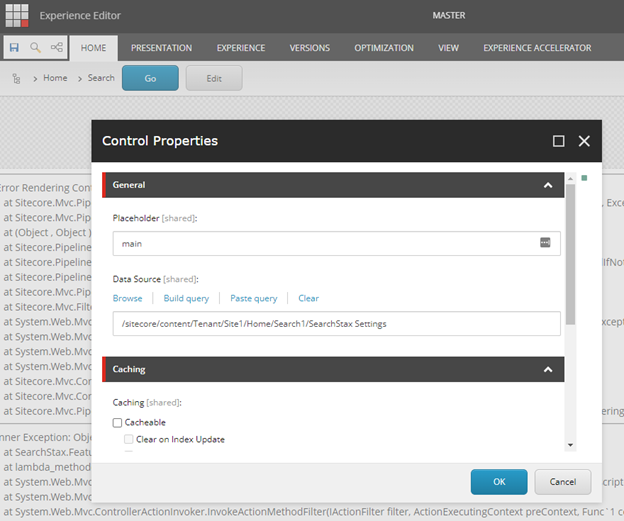 Control Properties dialog showing placeholder and data source configuration fields for an SXA rendering component.