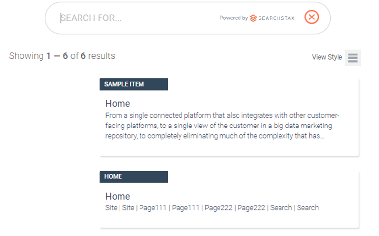 Search interface showing search results with two home pages listed, displaying breadcrumb navigation and page descriptions.