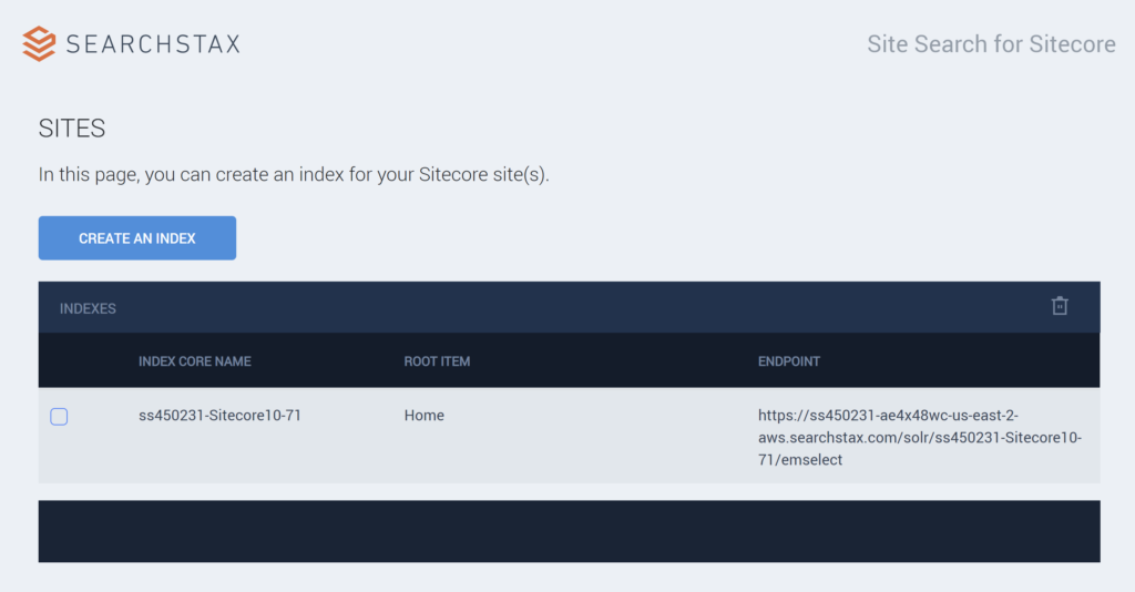 The Sitecore index management interface showing a created index with its core name, root item path, and endpoint URL.