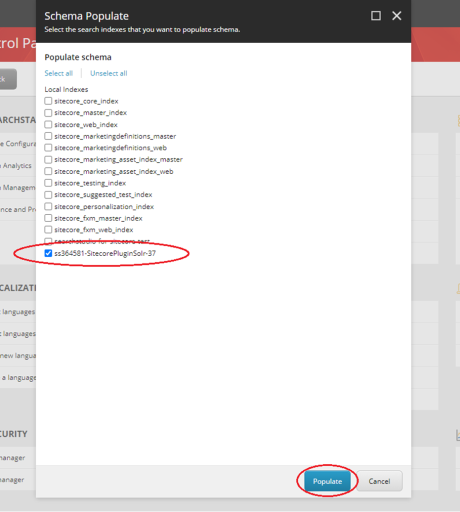 Schema populate dialog showing selected Sitecore plugin search index with the Populate button highlighted for schema update.