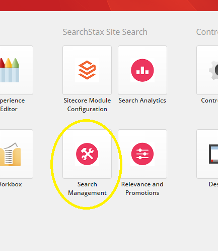 Search Management icon highlighted in the Sitecore SXA interface for configuring search fields and results.