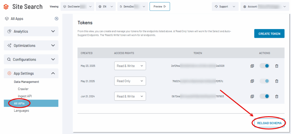 Token management interface showing API access rights and a highlighted Reload Schema button in the lower right corner.