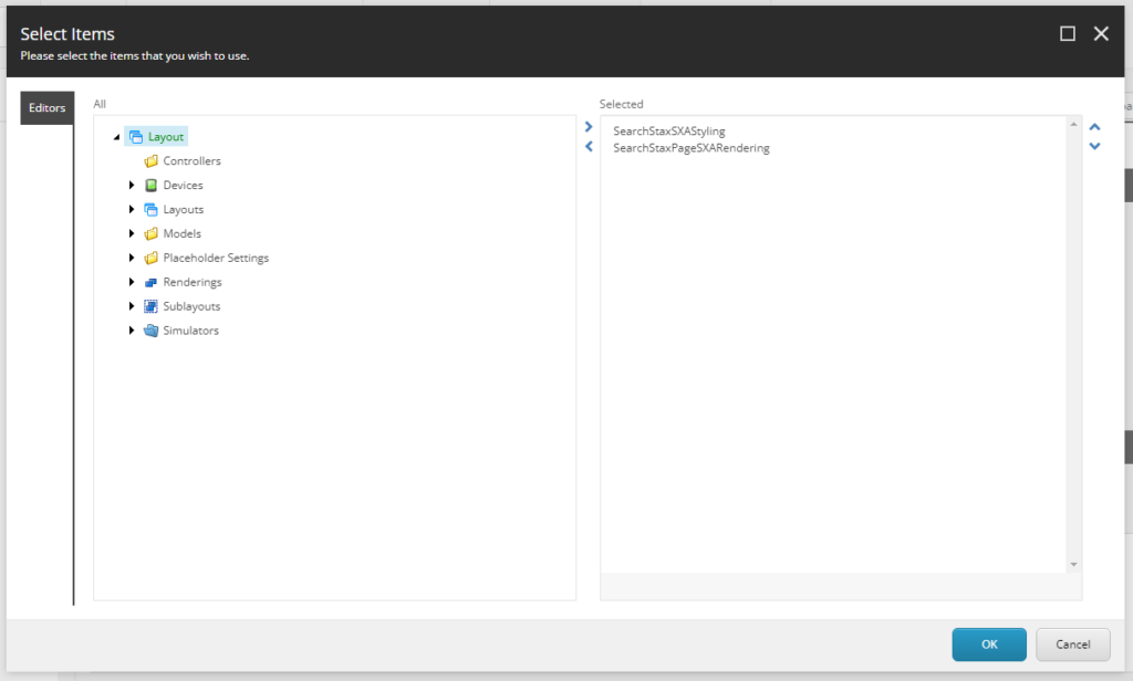 Dialog box for selecting SXA renderings shows a tree structure with Layout components and two SearchStax items highlighted in the Selected panel.