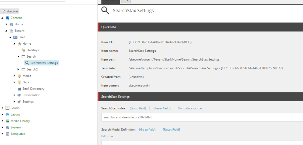 SearchStax configuration panel showing index settings and search model definition fields for Sitecore SXA integration.