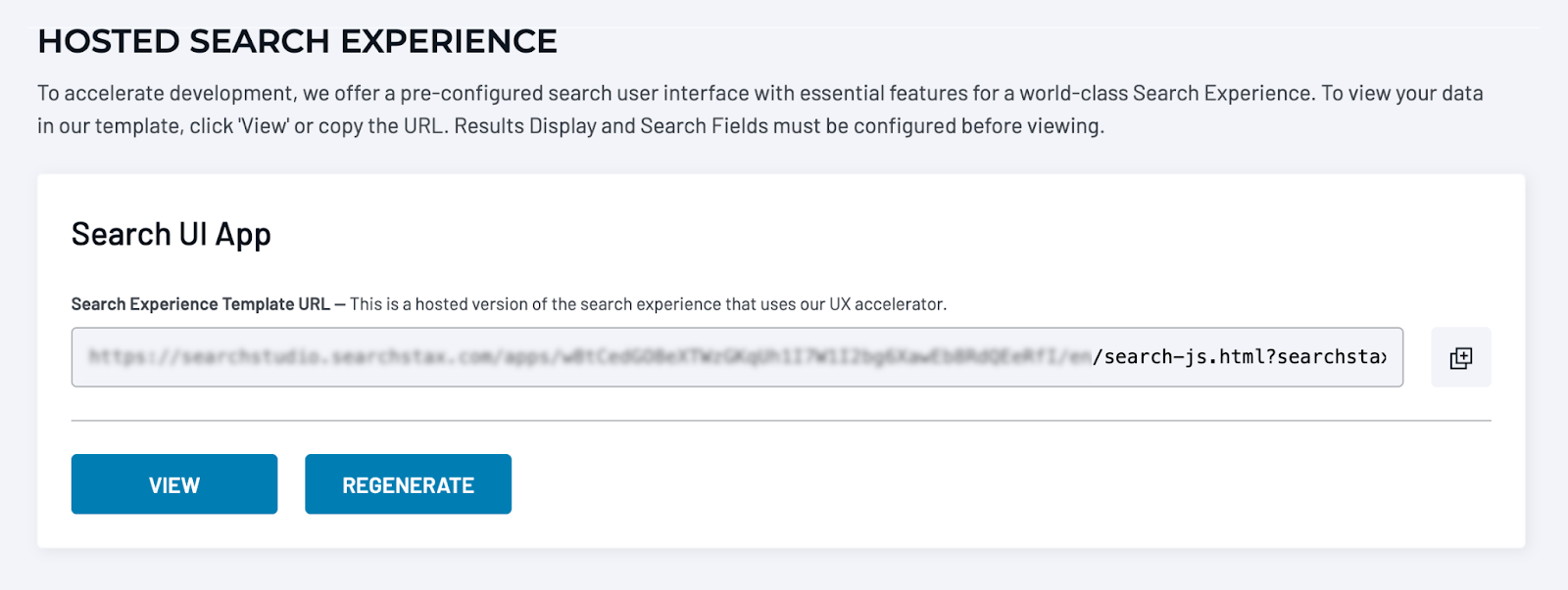 SearchStax Site Search Hosted Search Experience interface with template URL field.