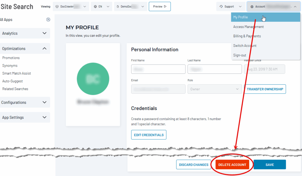 Red arrow pointing to the Delete Account button at the bottom of the My Profile page.