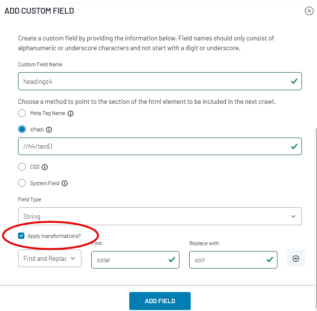 Custom field configuration dialog showing XPath selection and transformation options for crawled content fields.