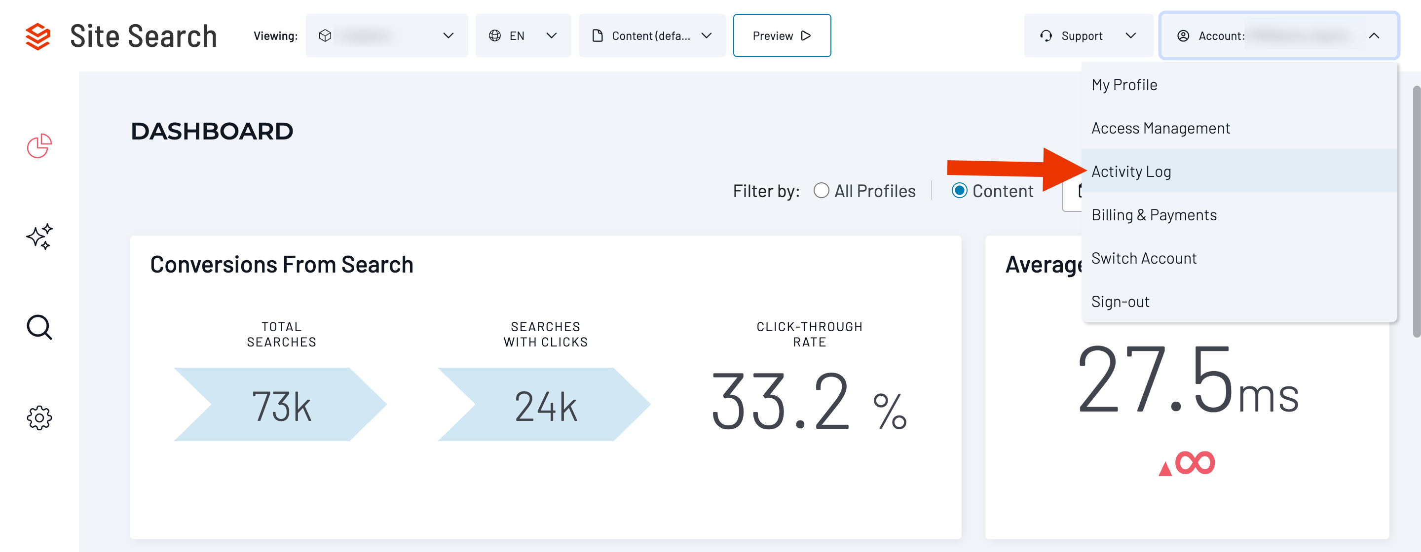 Account menu showing Activity Logs option