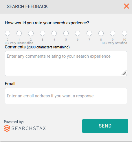 SearchStax Site Search feedback form with a 0-10 satisfaction rating scale, comment field, and optional email input for response.