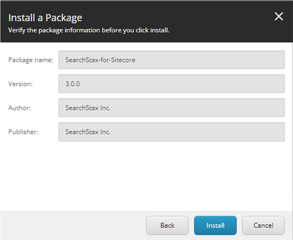 Installation dialog displaying SearchStax-for-Sitecore package version 3.0.0 with package details and Install button.