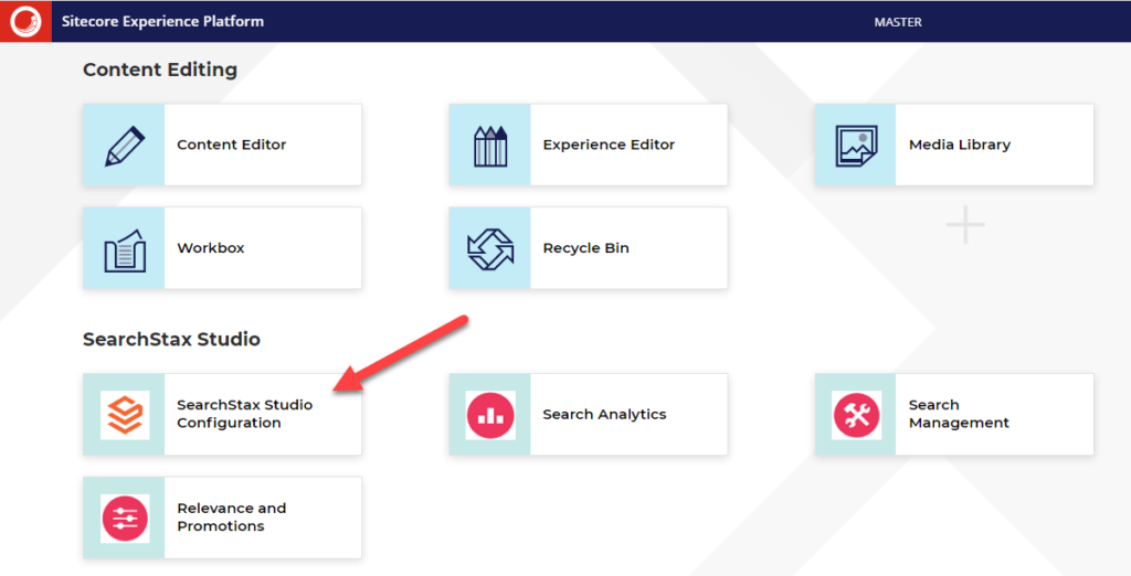 Sitecore Experience Platform dashboard showing Content Editing and SearchStax Studio modules with Search Analytics highlighted by a red arrow.