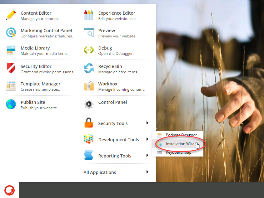 Control Panel menu displaying Content Editor, Experience Editor, Marketing Control Panel, Media Library, Security Editor, Template Manager, Publish Site...