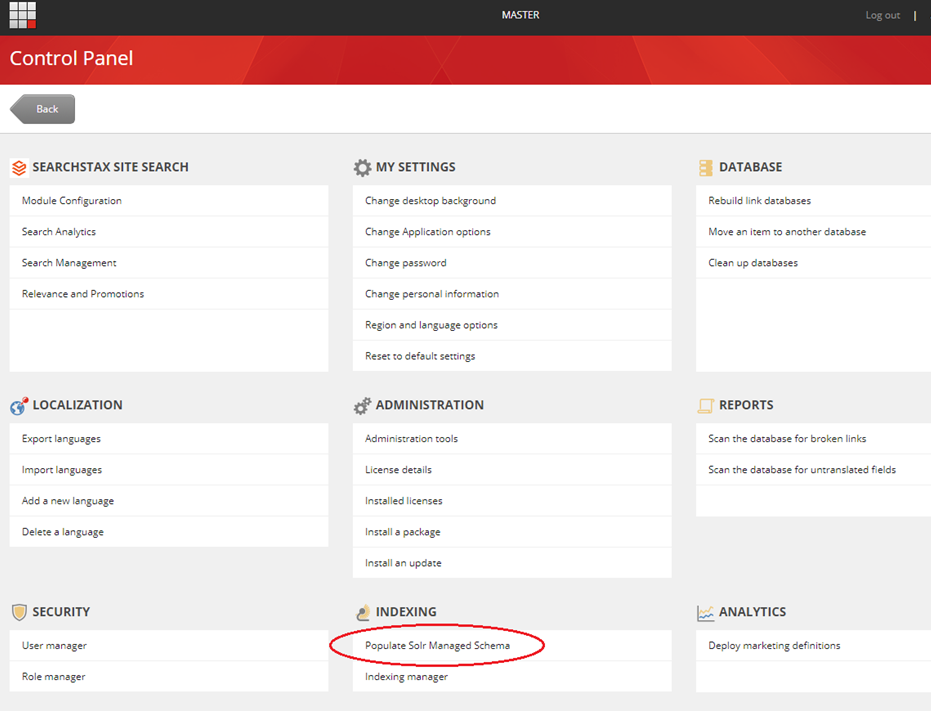 Control panel showing the Populate Solr Managed Schema option highlighted in the Indexing section.