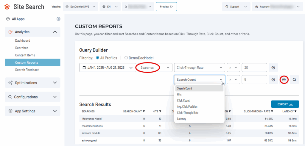 SearchStax Site Search Custom Reports screen showing filtering the list of recorded searches.