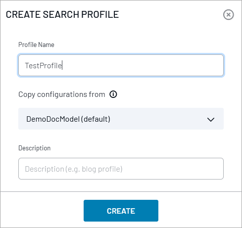 Dialog box for creating a new search profile, showing fields for profile name, configuration copying options, and description.