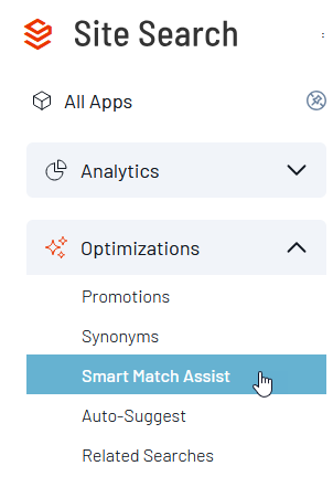 Navigation menu showing Analytics and Optimizations sections with Smart Match Assist highlighted as the selected option.