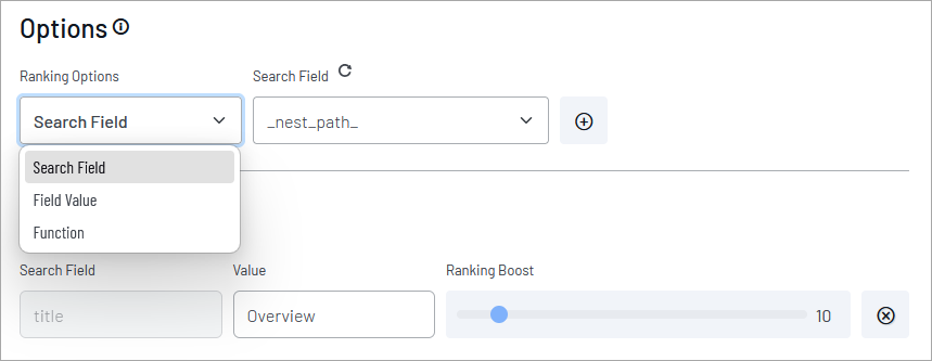 The Ranking Options panel showing search field configuration with _nest_path_ selected, a dropdown menu listing Search Field, Field Value, and Function ...