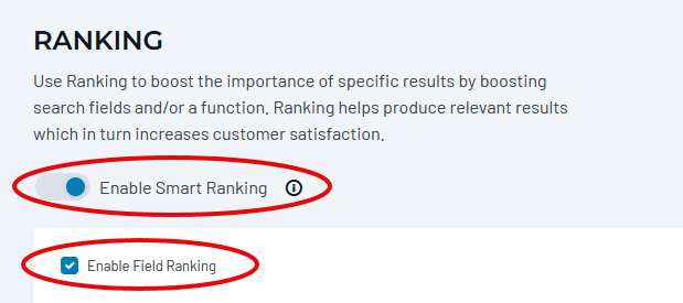 Ranking configuration panel with Enable Smart Ranking and Enable Field Ranking toggle options highlighted.