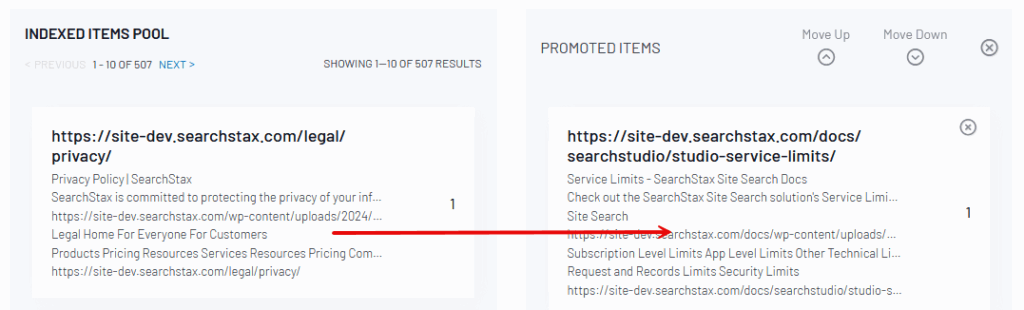 The Indexed Items Pool tab displays a list of 507 indexed pages with pagination controls, while the Promoted Items section on the right shows selected i...