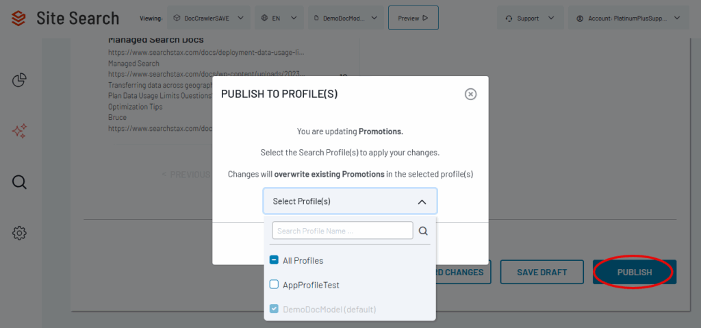 Publish to Profile(s) dialog showing options to select search profiles for applying promotion changes.