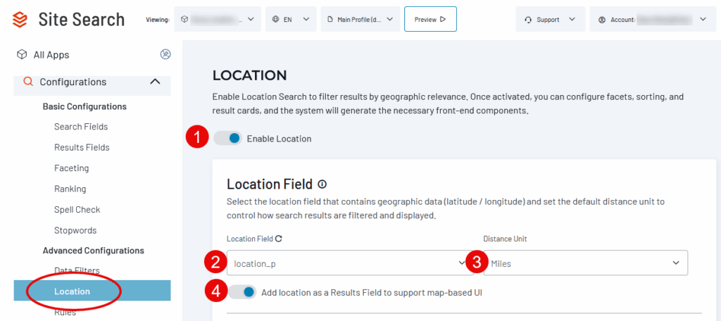 Location configuration panel with enable toggle, location field dropdown set to location_p, distance unit dropdown set to Miles, and option to add locat...