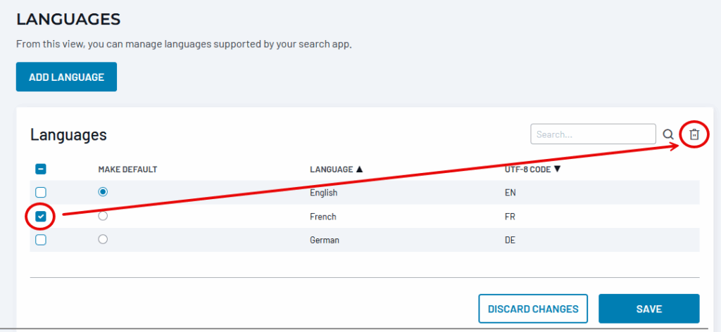 Languages configuration panel with English, French, and German listed, showing checkboxes to select languages and a delete button highlighted in red.