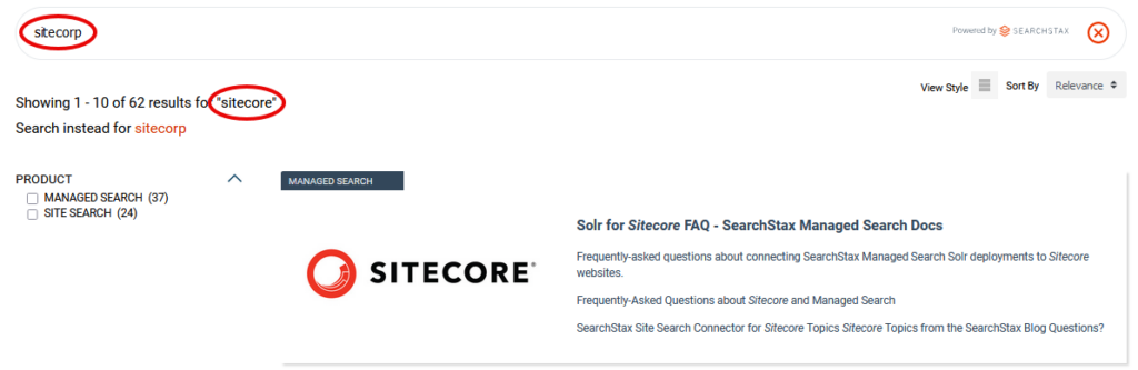 Search results highlight the misspelling 