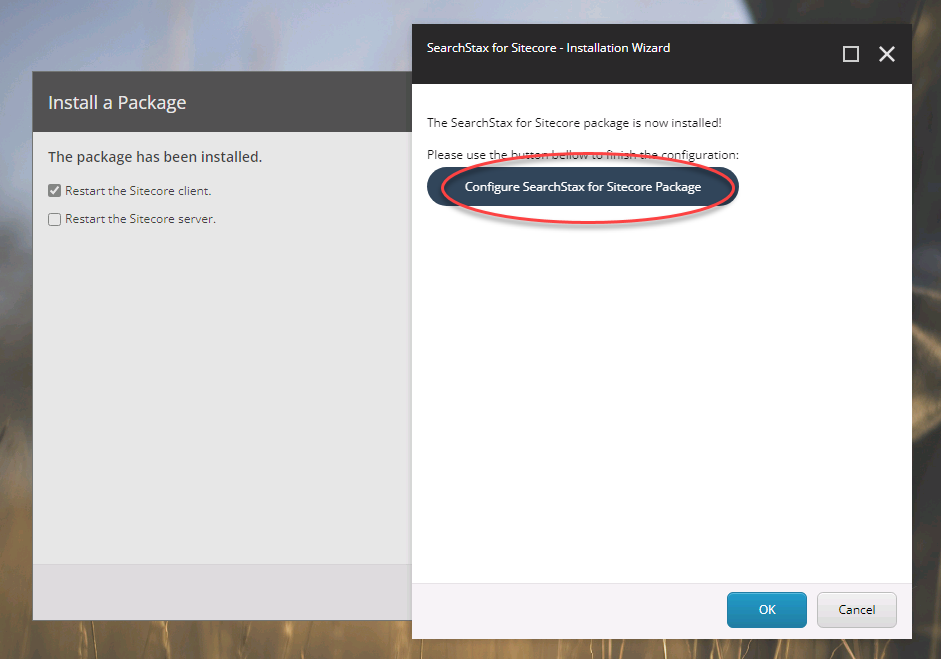 Installation completion dialog for SearchStax for Sitecore with Configure button highlighted for next steps.