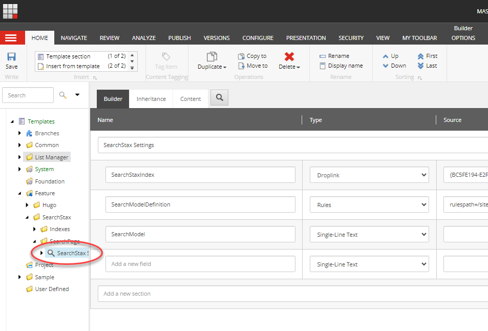 Builder panel showing SearchStax configuration fields including SearchStaxIndex, SearchModelDefinition, and SearchModel with their respective dropdown t...