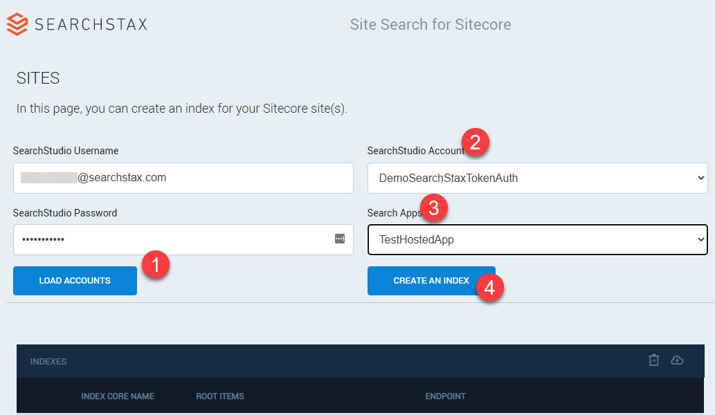 SearchStax Site Search configuration form with numbered steps: enter username and password, load accounts, select account from dropdown, choose search a...