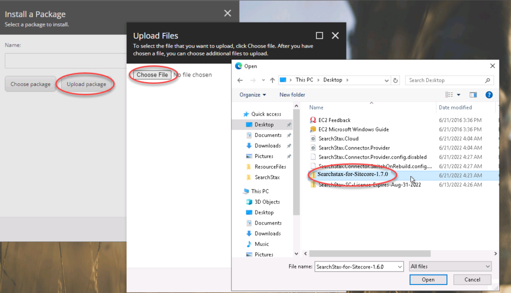 File selection dialog for uploading a Sitecore package, showing the Choose File button and SearchStax-for-Sitecore-1.7.0 file highlighted in the directo...