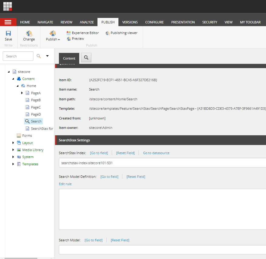 Search item configuration panel displaying SearchStax settings including index configuration, search model definition, and search mode options.