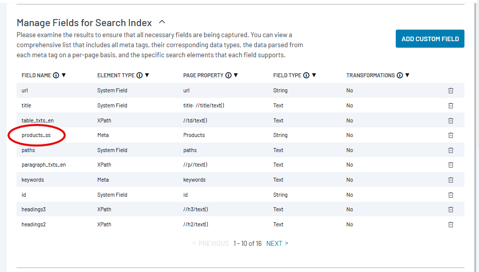 Search index configuration table showing field mappings with products_ss meta field highlighted.