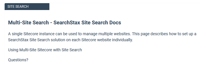 Documentation header showing multi-site search title with links to SearchStax configuration guides and support resources.