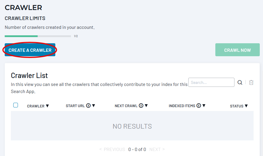 Empty crawler list interface with highlighted create a crawler button showing 0 of crawlers used in the account limit.