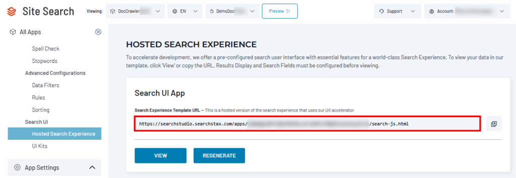 Hosted Search Experience configuration page showing the search UI template URL and view/regenerate controls.