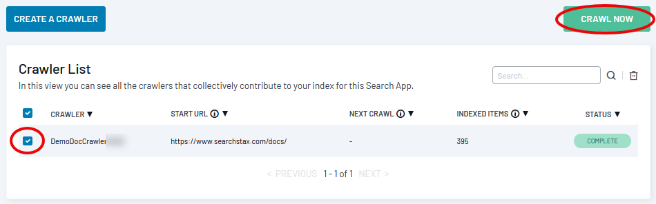 A crawler list view showing one crawler named demodoccrawler with its status marked as complete and indexed items.